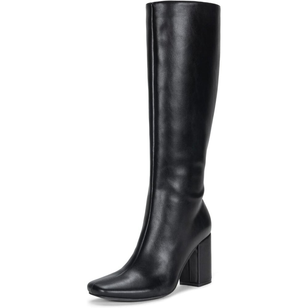 Women's Black Chunky Blocked Heel Squared Toe Long Boot Inside Zipper Tall Boots